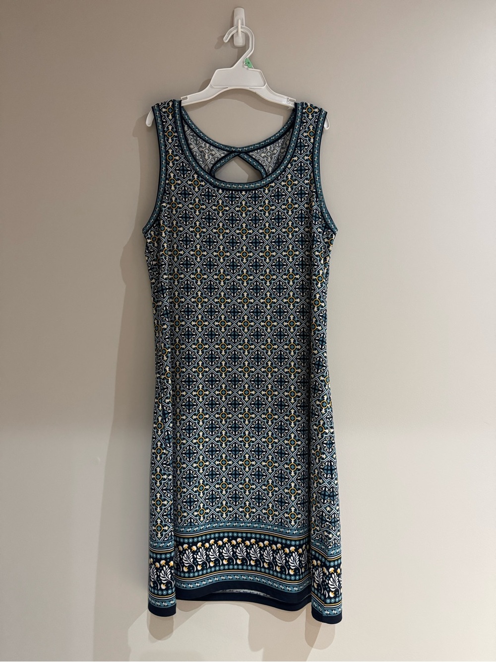 Max Studio Blue, Cream & Yellow Geometric Patterned Tile-Print Mini Dress Size M